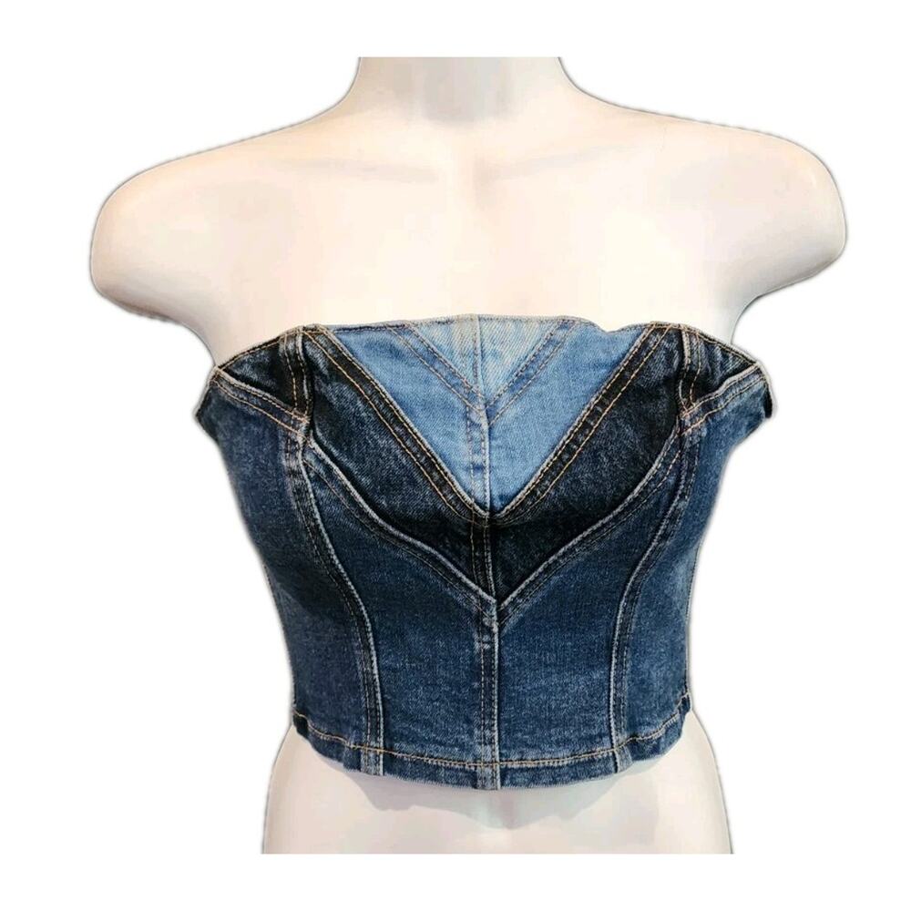 Revice Strapless Lace Up Backside Corset Light & Dark Tone Denim Top Size Small - Picture 3 of 10